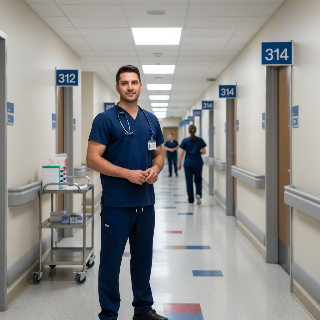 Nurse in hospital hallway with medical equipment and room numbers visible