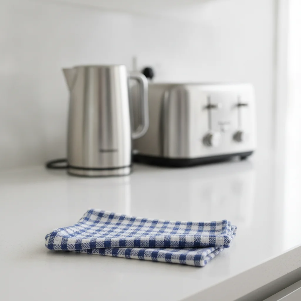 Kitchen counter with a folded blue-and-white cloth and appliances behind