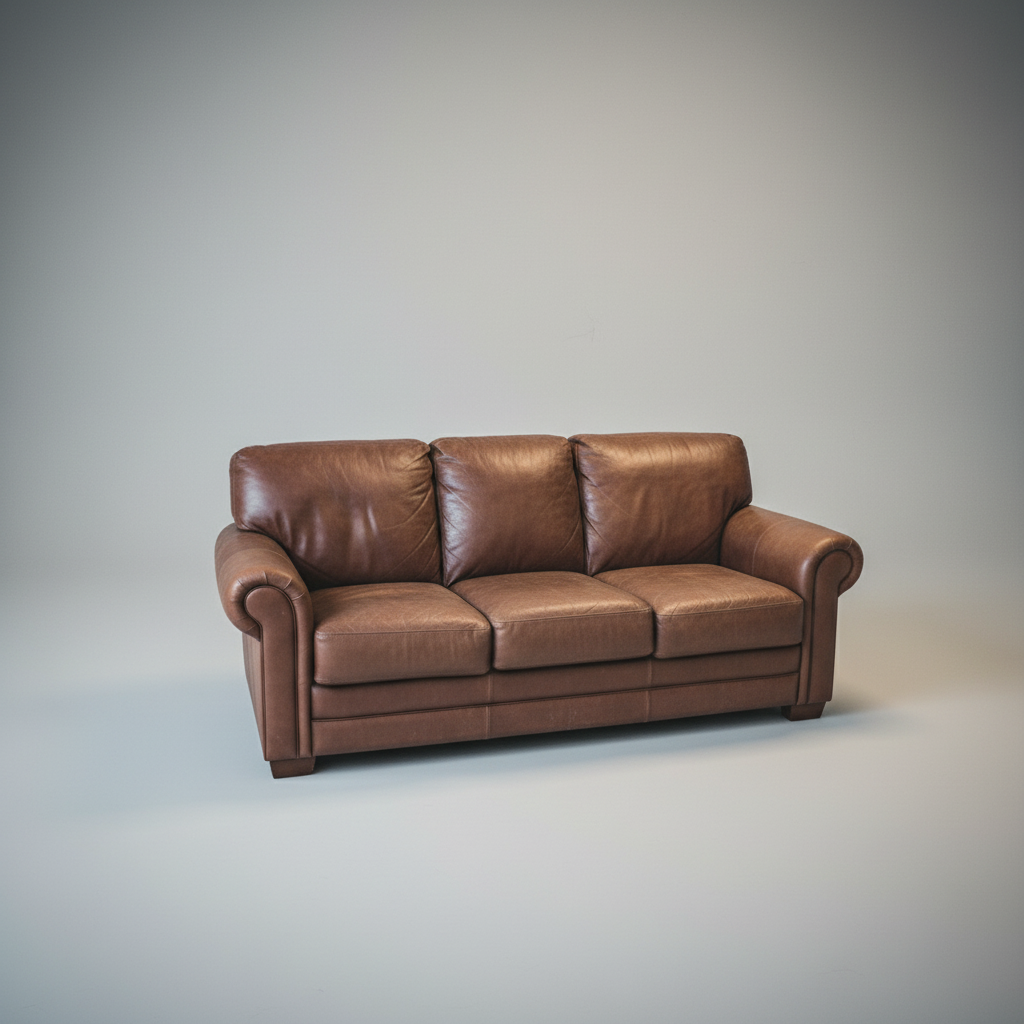 Same sofa on clean grey background, professional listing look