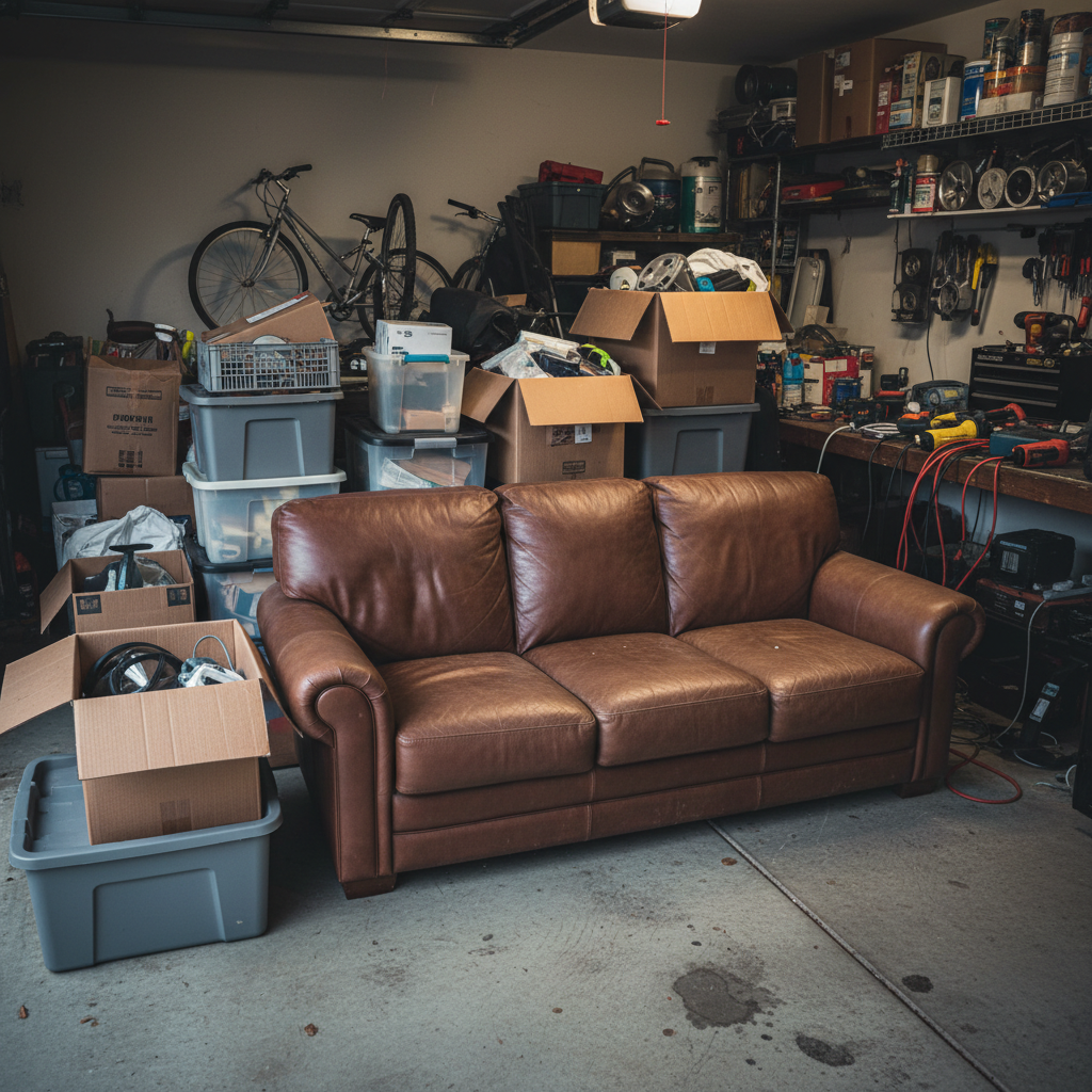 Brown leather sofa in cluttered garage with boxes visible