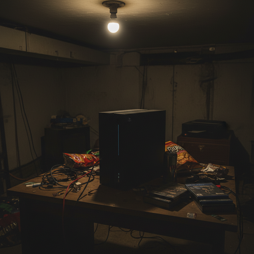 Dark photo of gaming console on messy desk