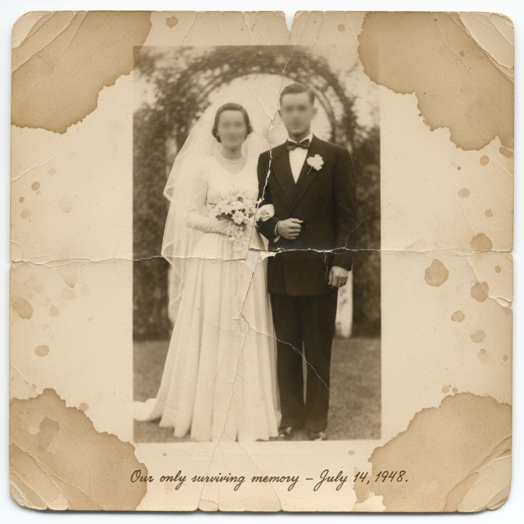 Torn wedding photo with major damage and blur