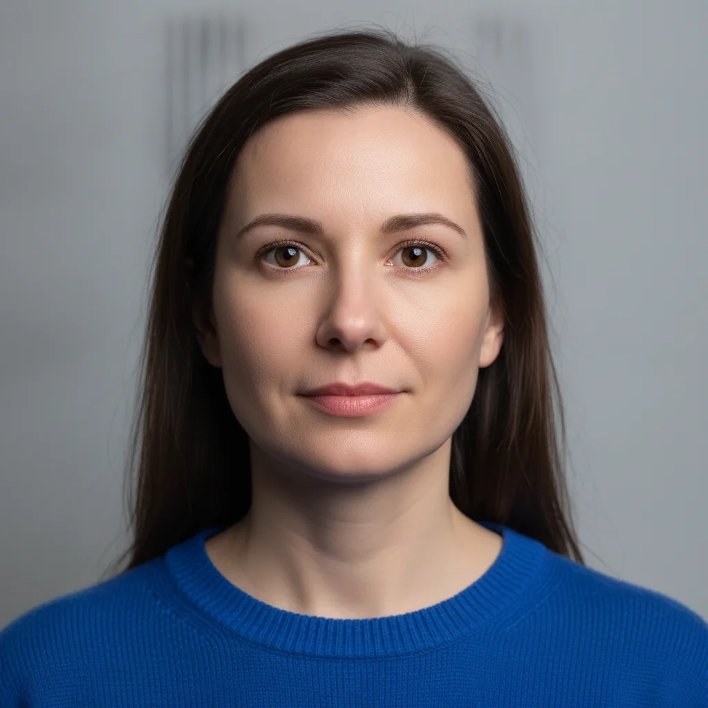 Same woman with her eyes open, looking at the camera