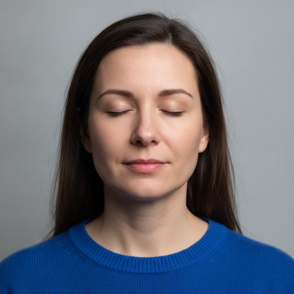 Woman in a bright blue sweater with both eyes closed