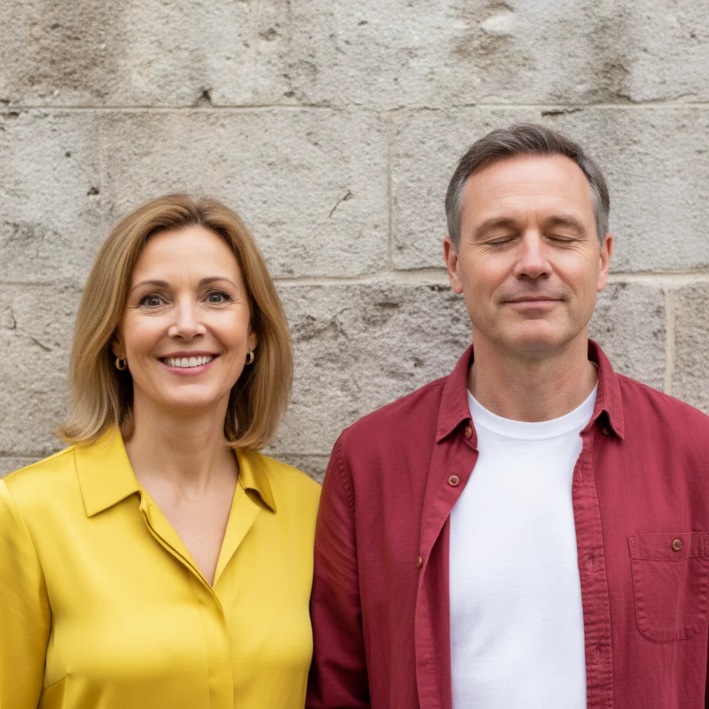 Couple outdoors, the man in a red shirt caught with his eyes closed