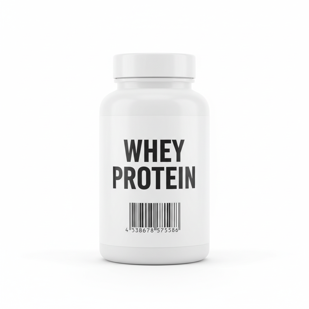 White supplement bottle with original black and white Whey Protein label on white background