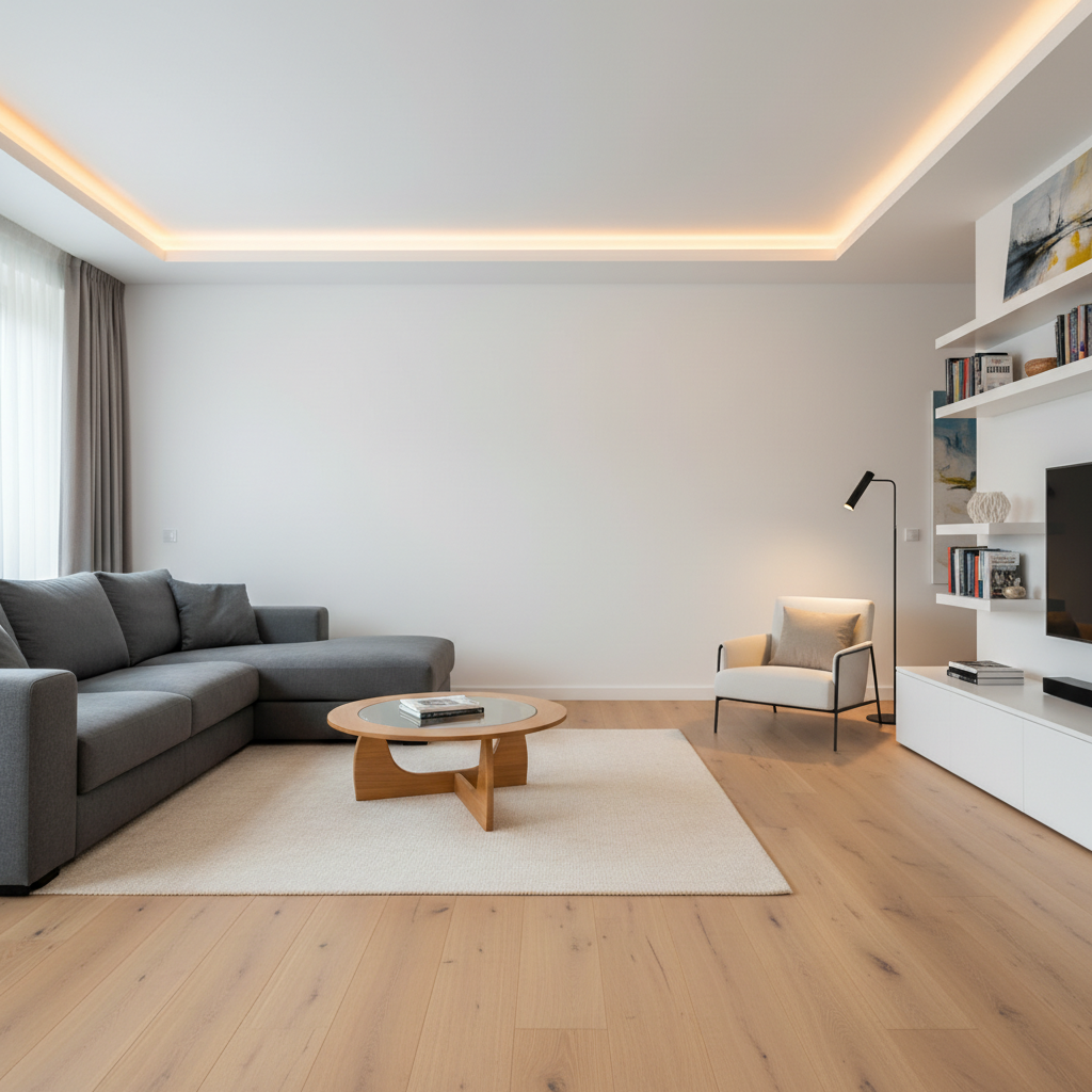 Full wide living room panorama showing both the sofa area and entertainment area seamlessly combined