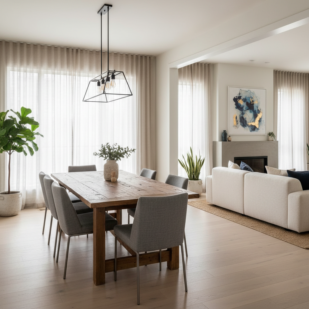 Second overlapping interior photo showing the right portion of the living room with TV stand and bookshelves
