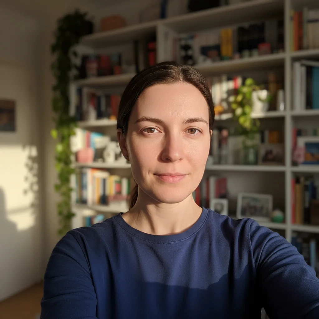 Selfie with living room background and uneven lighting
