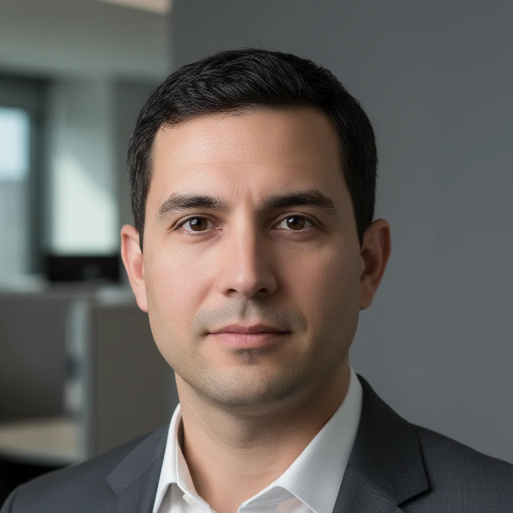 Professional headshot with grey corporate background