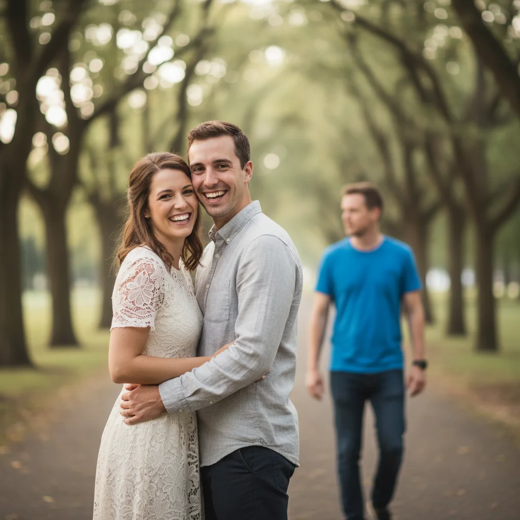 Couple portrait with stranger walking in background