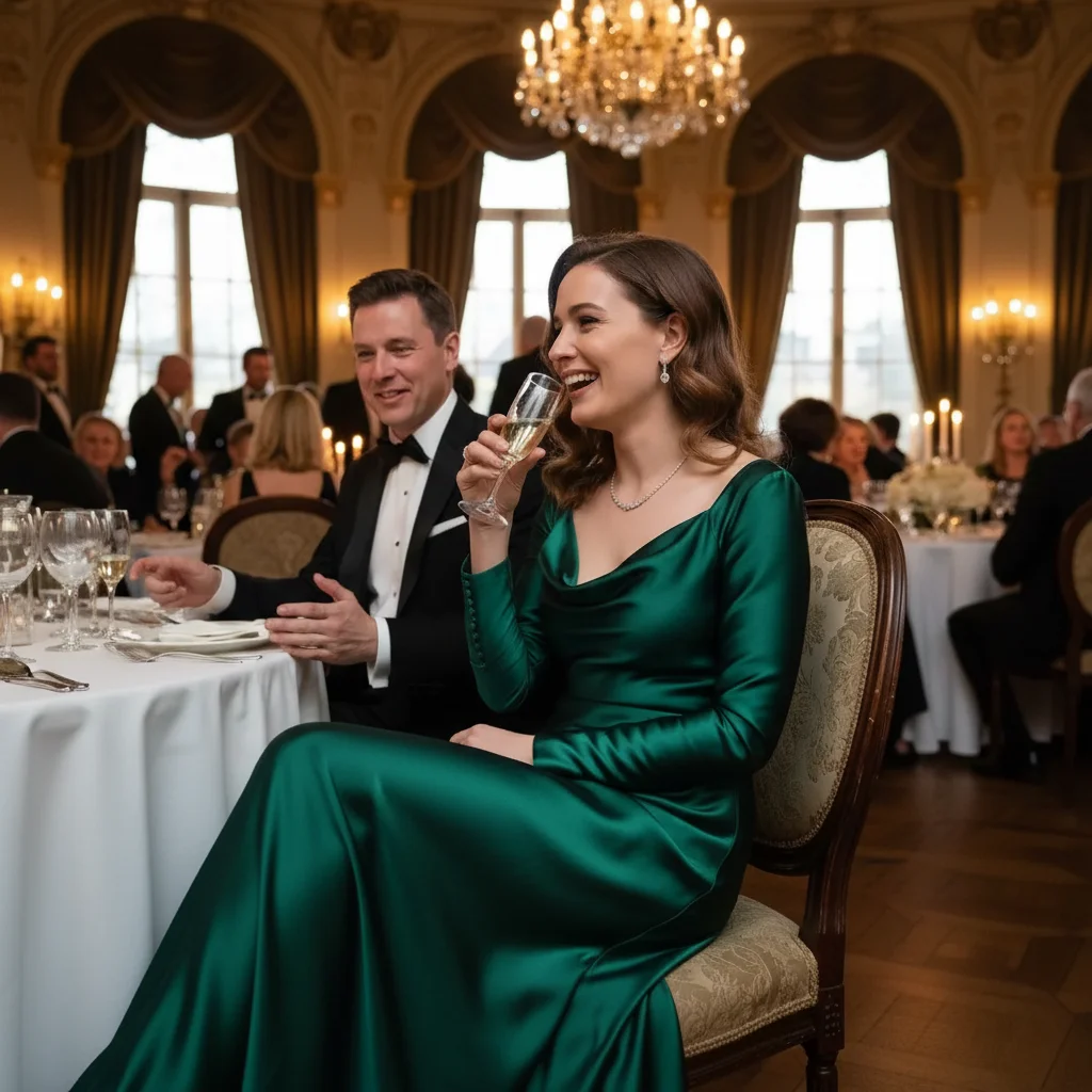 Same photo with dress smoothed, elegant drape preserved