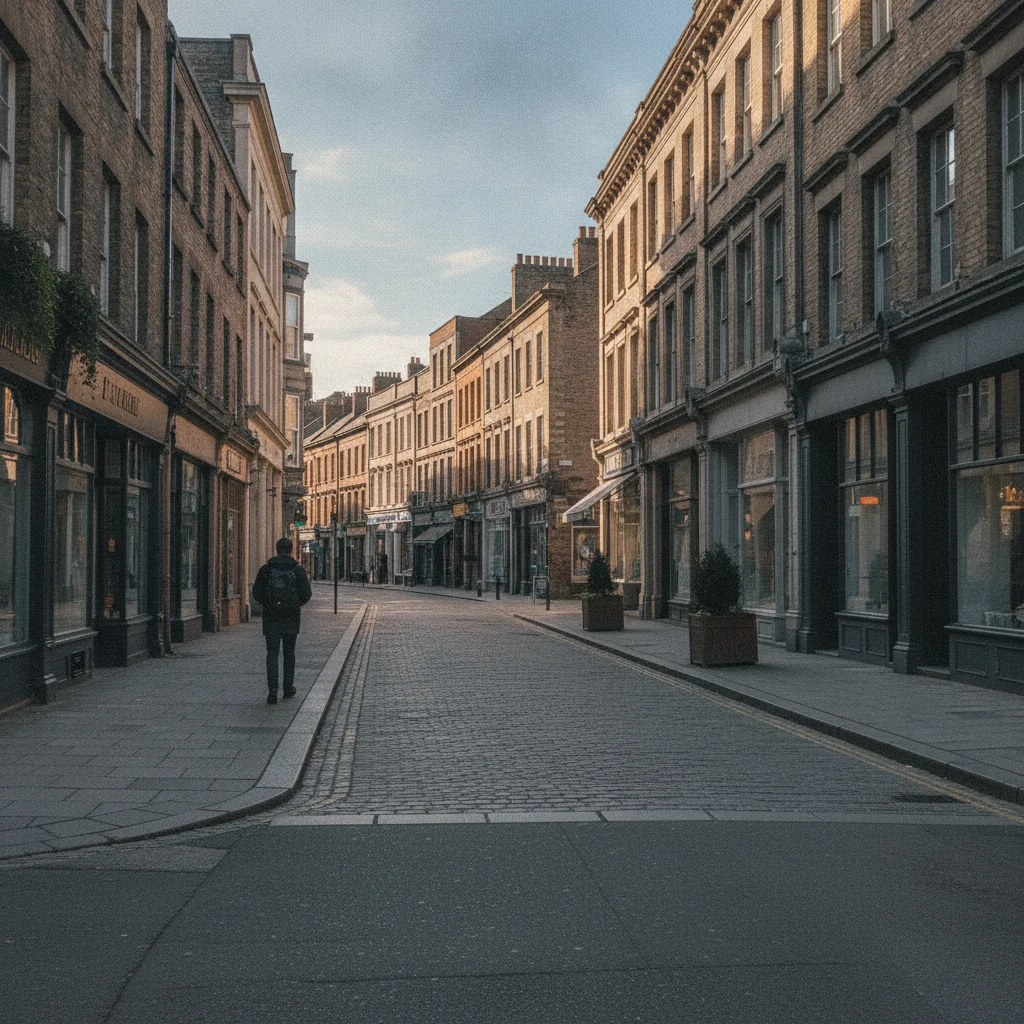 Street scene with a pedestrian visible in the background on the left