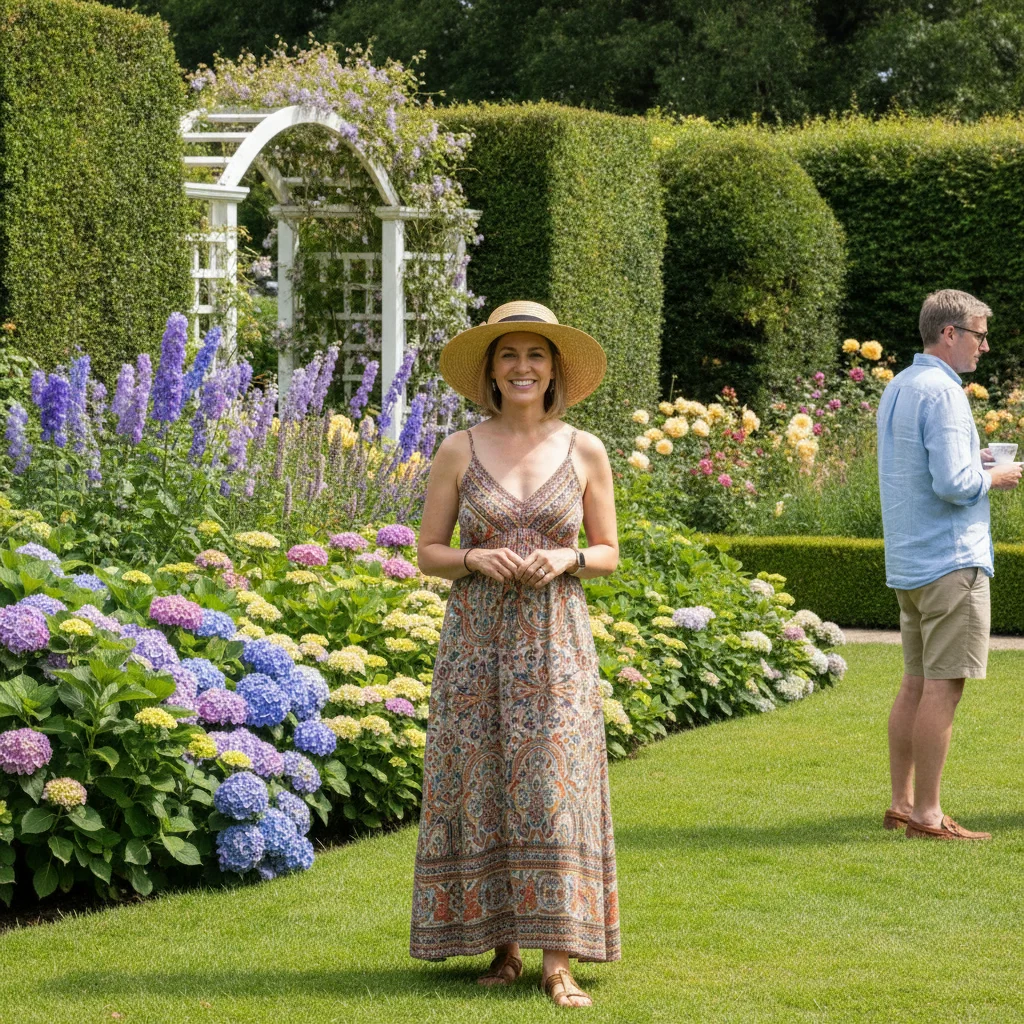 Garden event photo with main subject and extra person near the edge