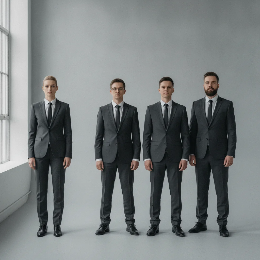 Group of four people against a grey wall with person on far left