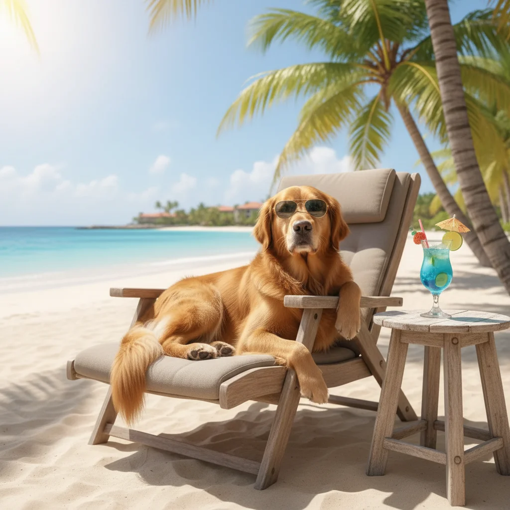 Same pet lounging on a beach chair at a tropical resort