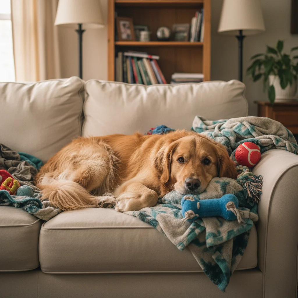 Golden retriever with red leash visible