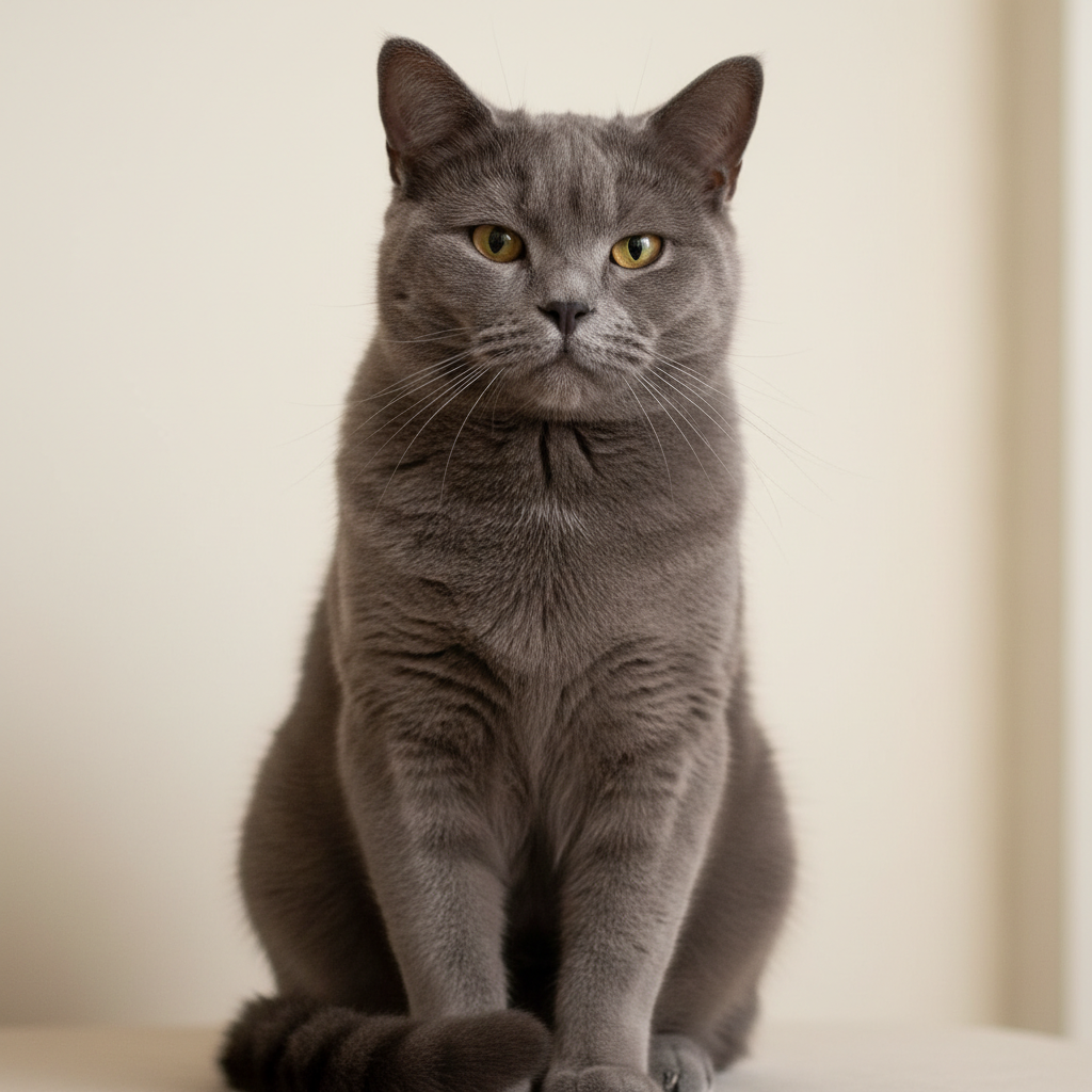 Gray British shorthair cat with dignified expression
