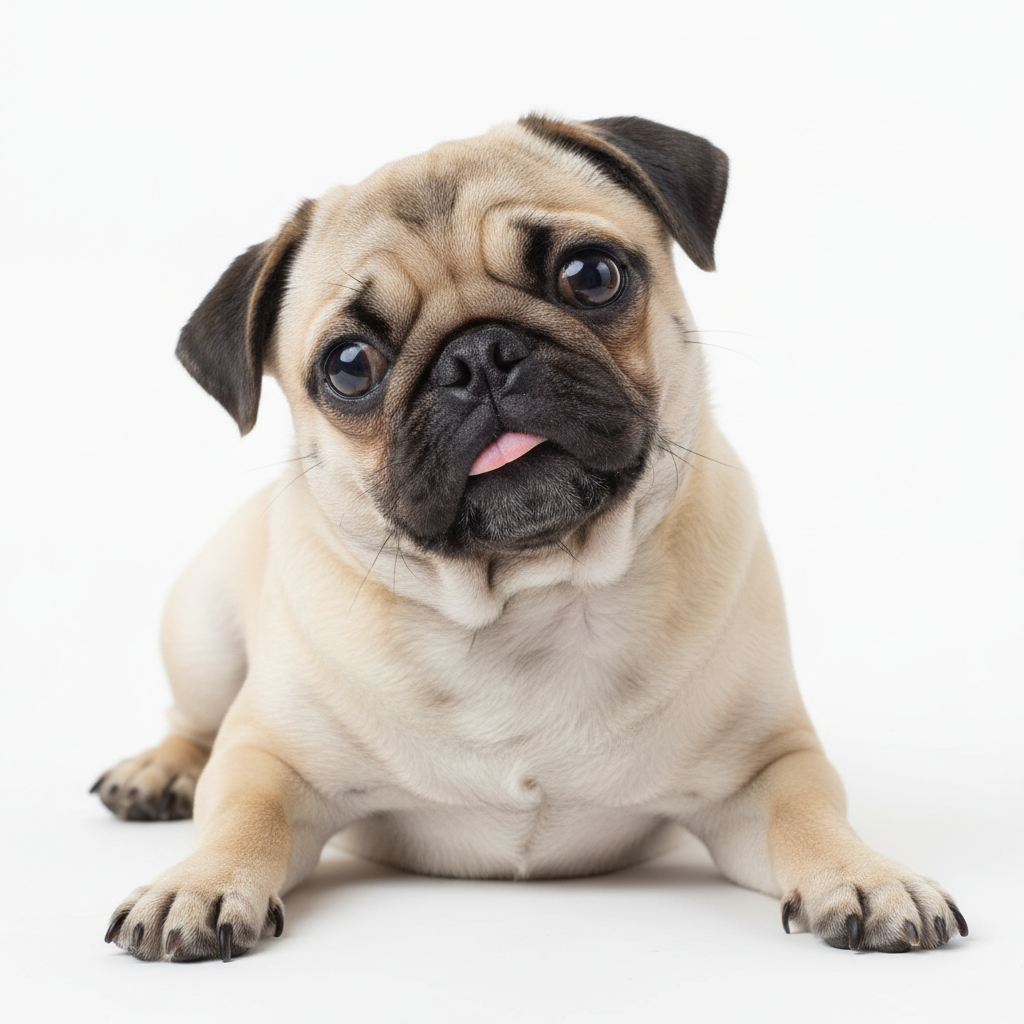 Goofy pug with tilted head and tongue out