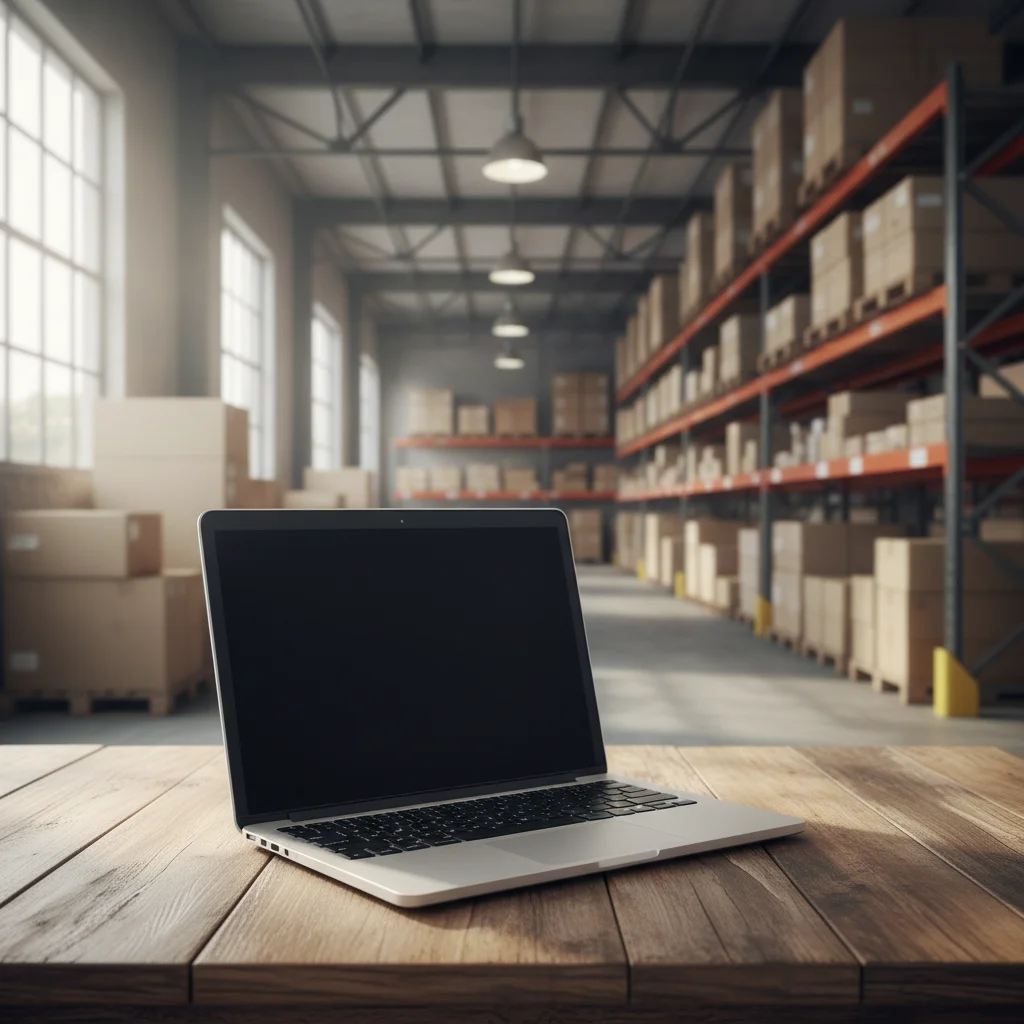 Product photo with warehouse background and industrial setting visible