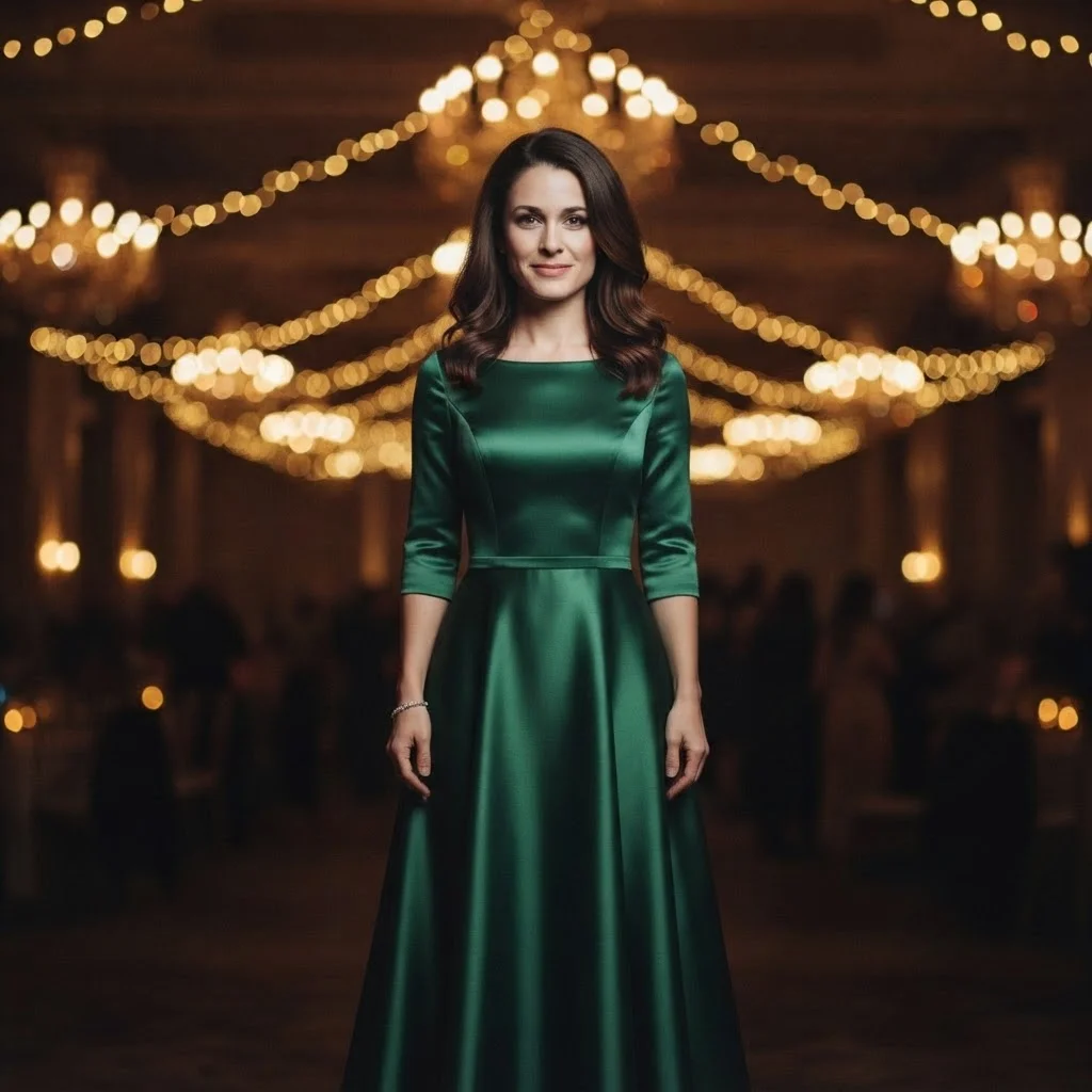 The same woman in a floor-length emerald satin gown, pose and venue preserved