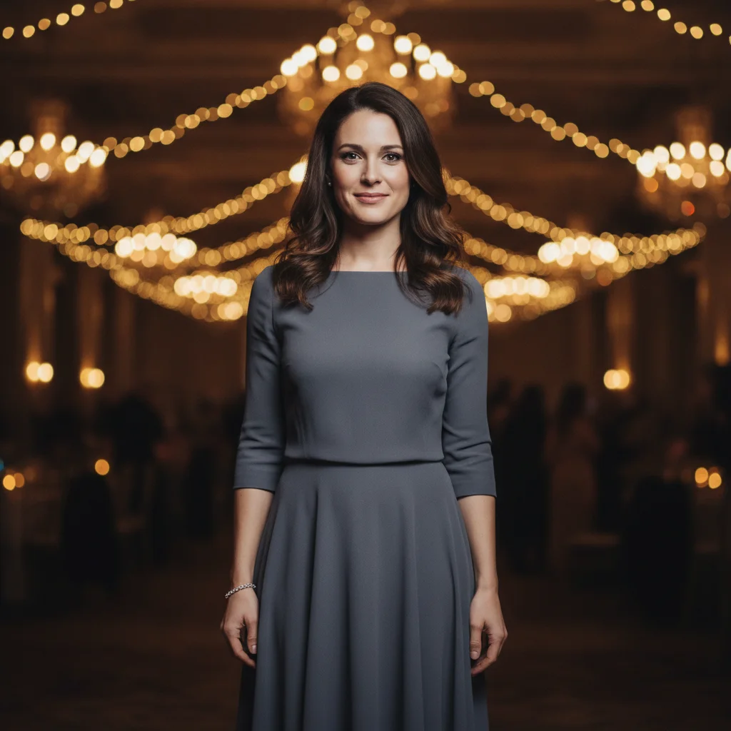 Woman in a knee-length grey dress at an evening event