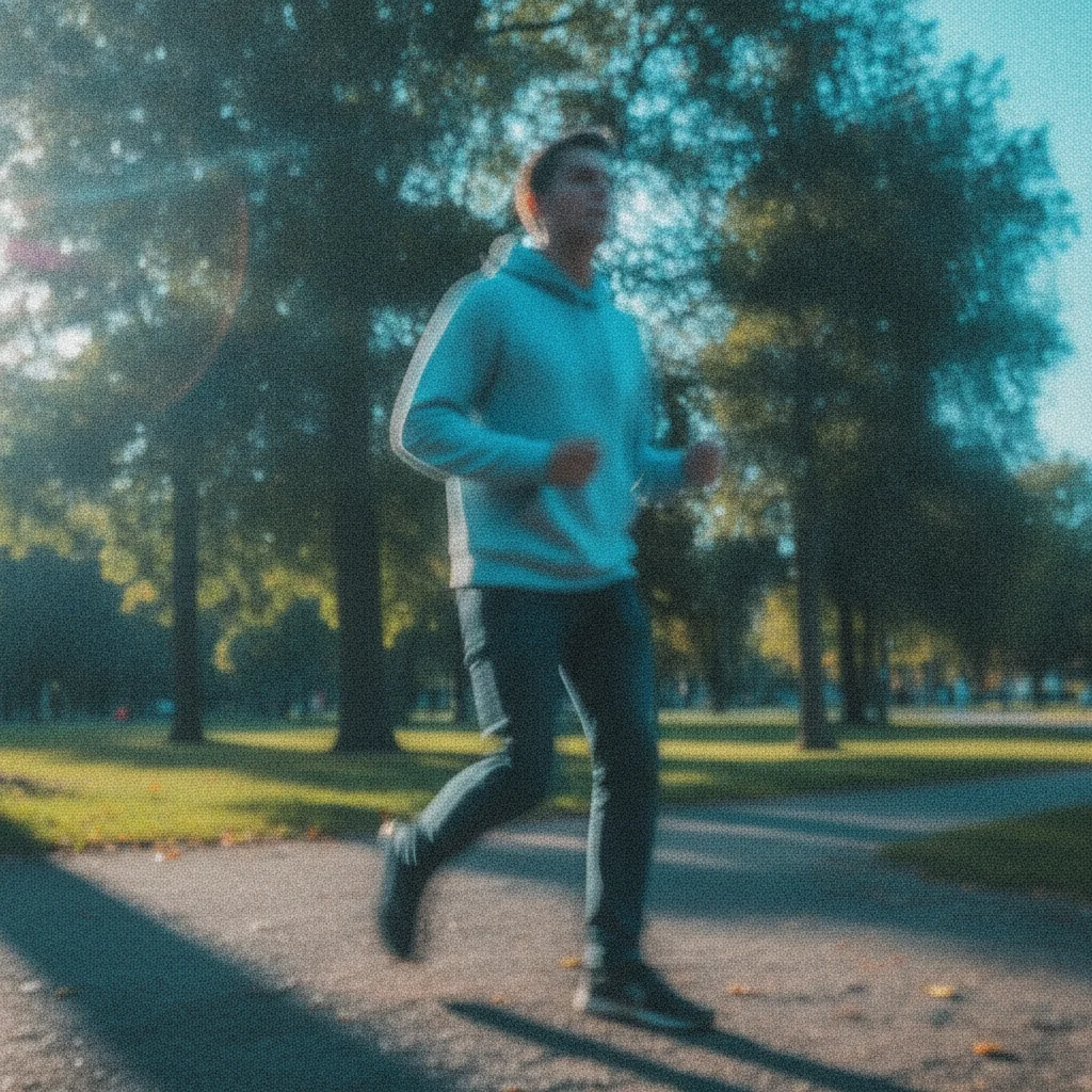 Phone photo with motion blur, grain, and blue color cast combined