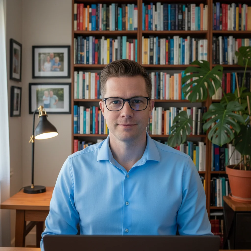 Man in home office with bookshelf and residential background