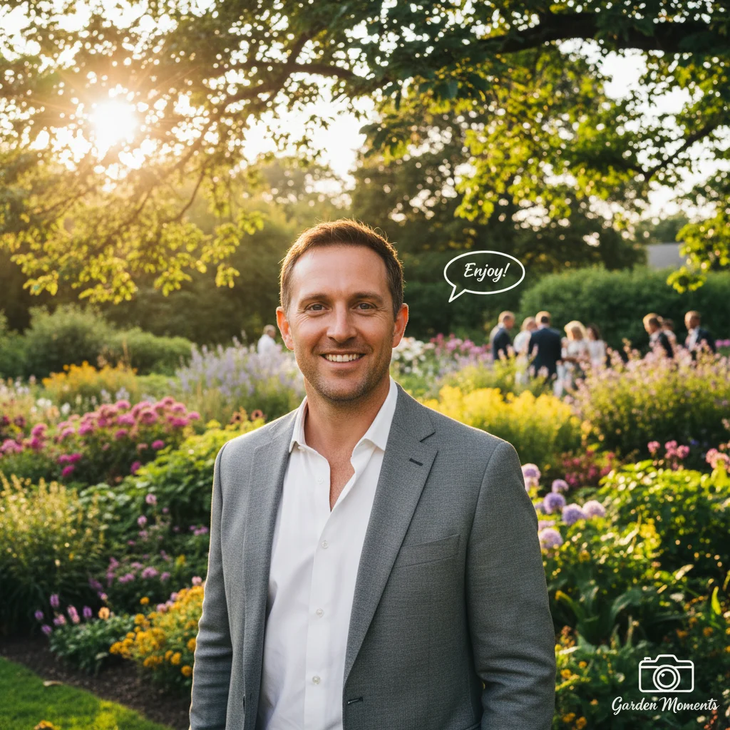 Man in outdoor garden setting with plants and natural background