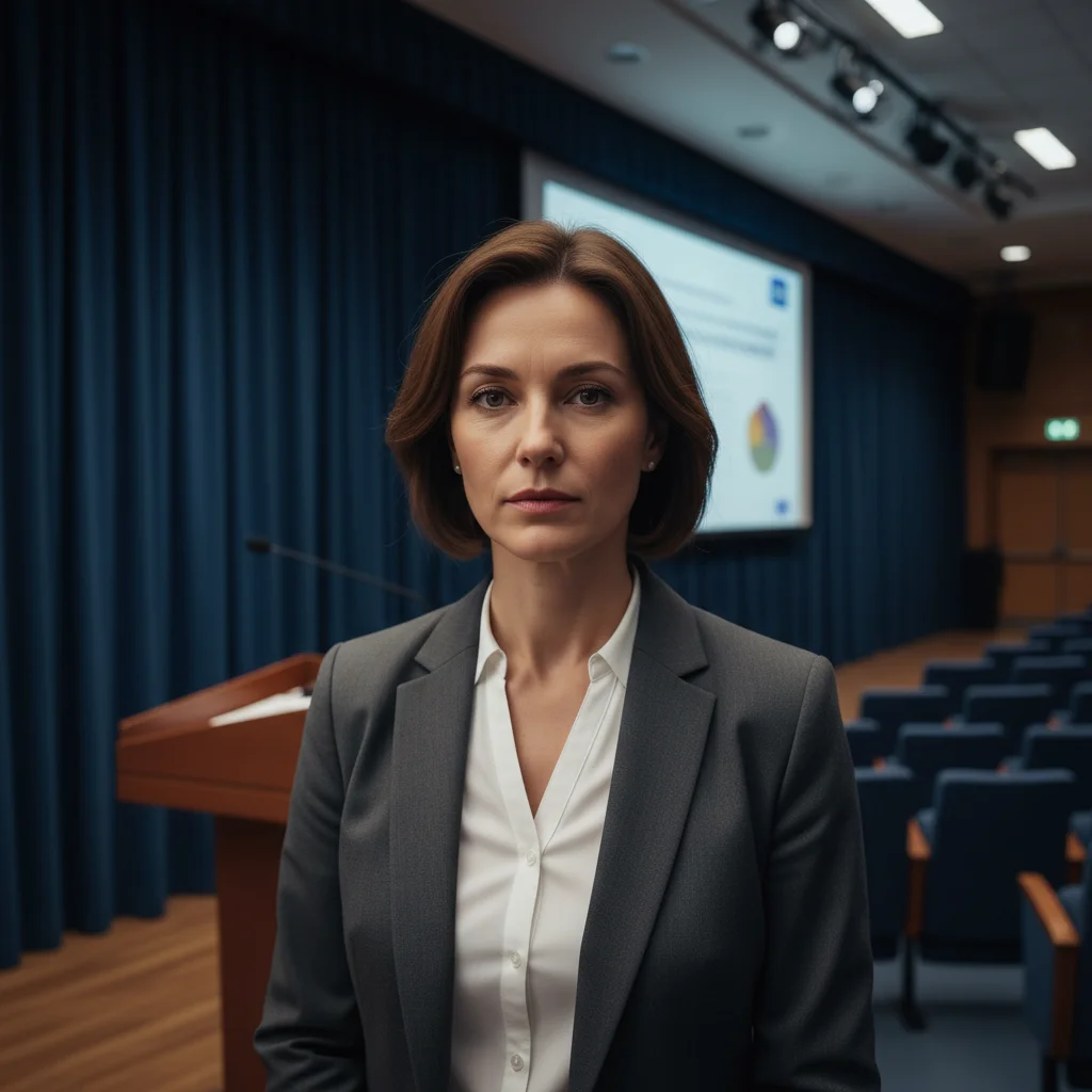 Academic expert at conference with stage and podium visible in background