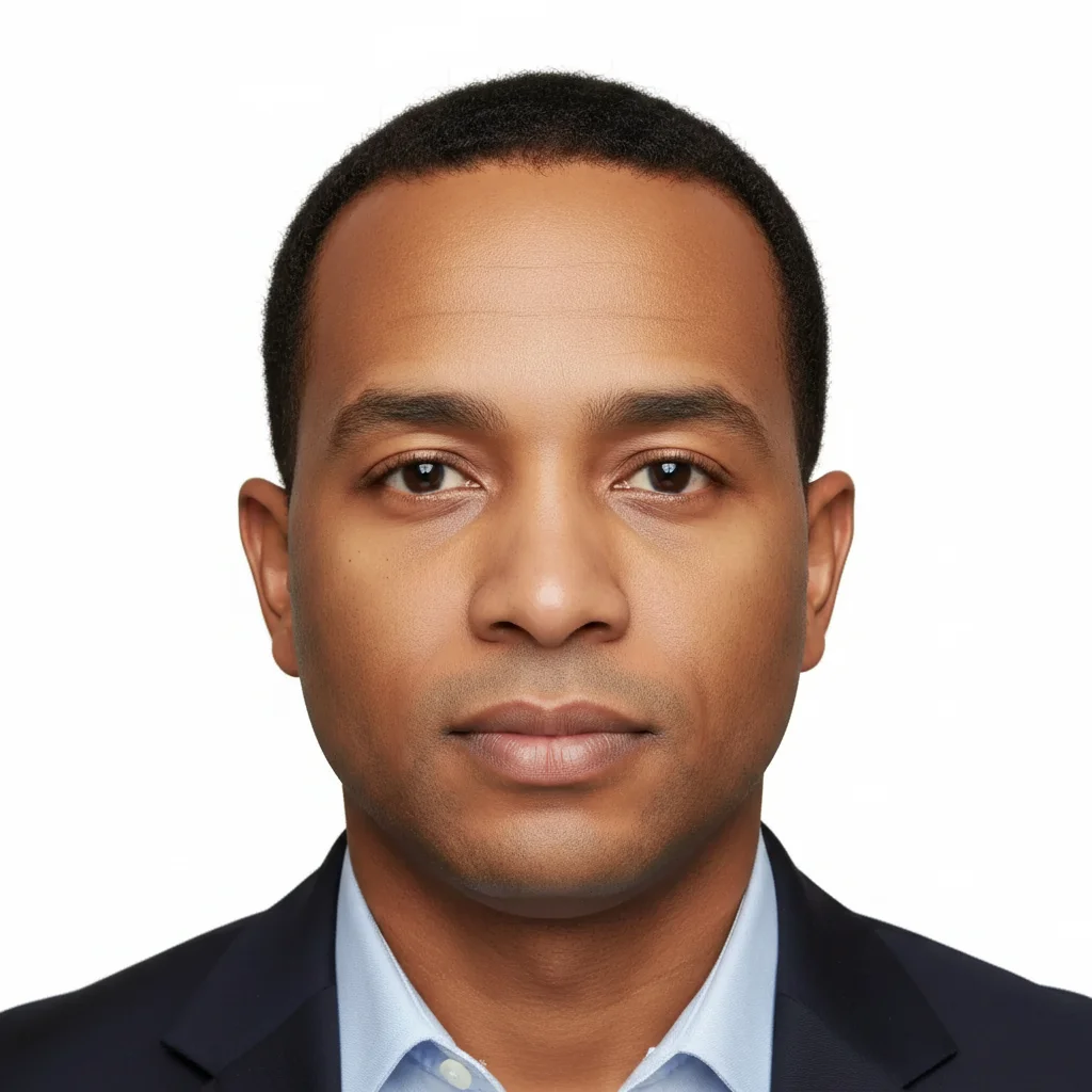 DOD-compliant contractor badge photo with pure white background and even lighting