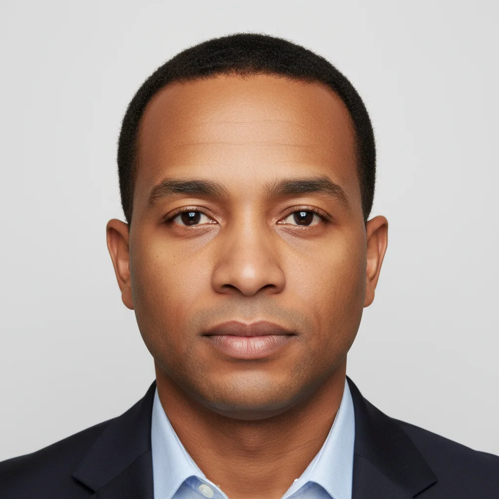 Professional photo with gray background, uneven lighting for contractor badge