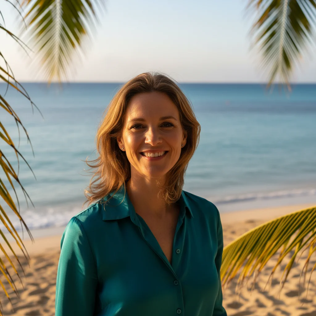 Casual vacation photo with beach and palm trees in background