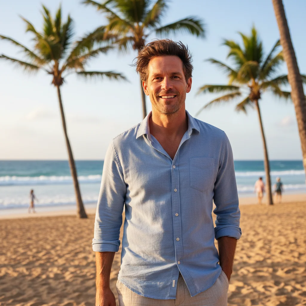 Man with natural smile on beach with palm trees and ocean clearly visible