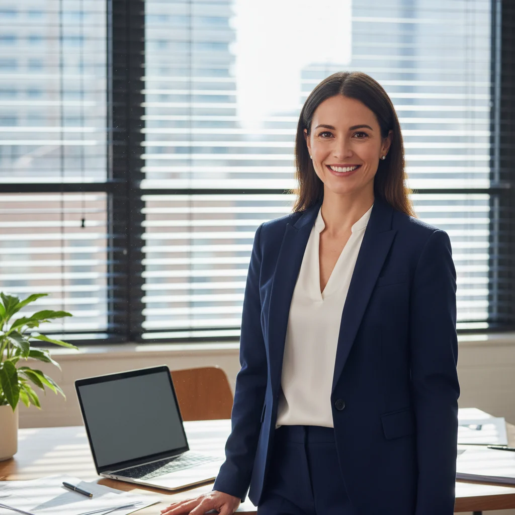 Professional woman in casual office with desk and workspace visible
