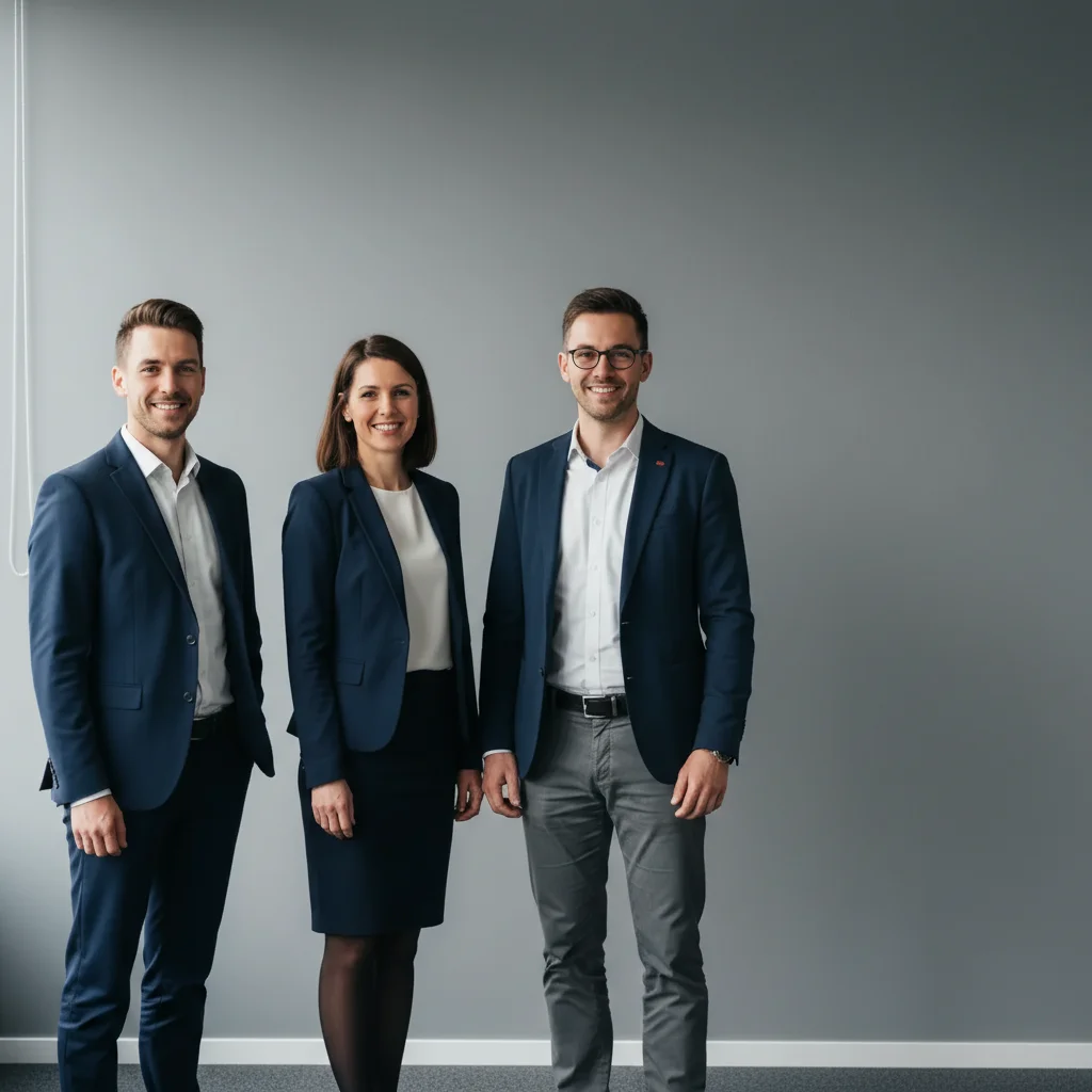 Three colleagues with right person removed, natural office background extended