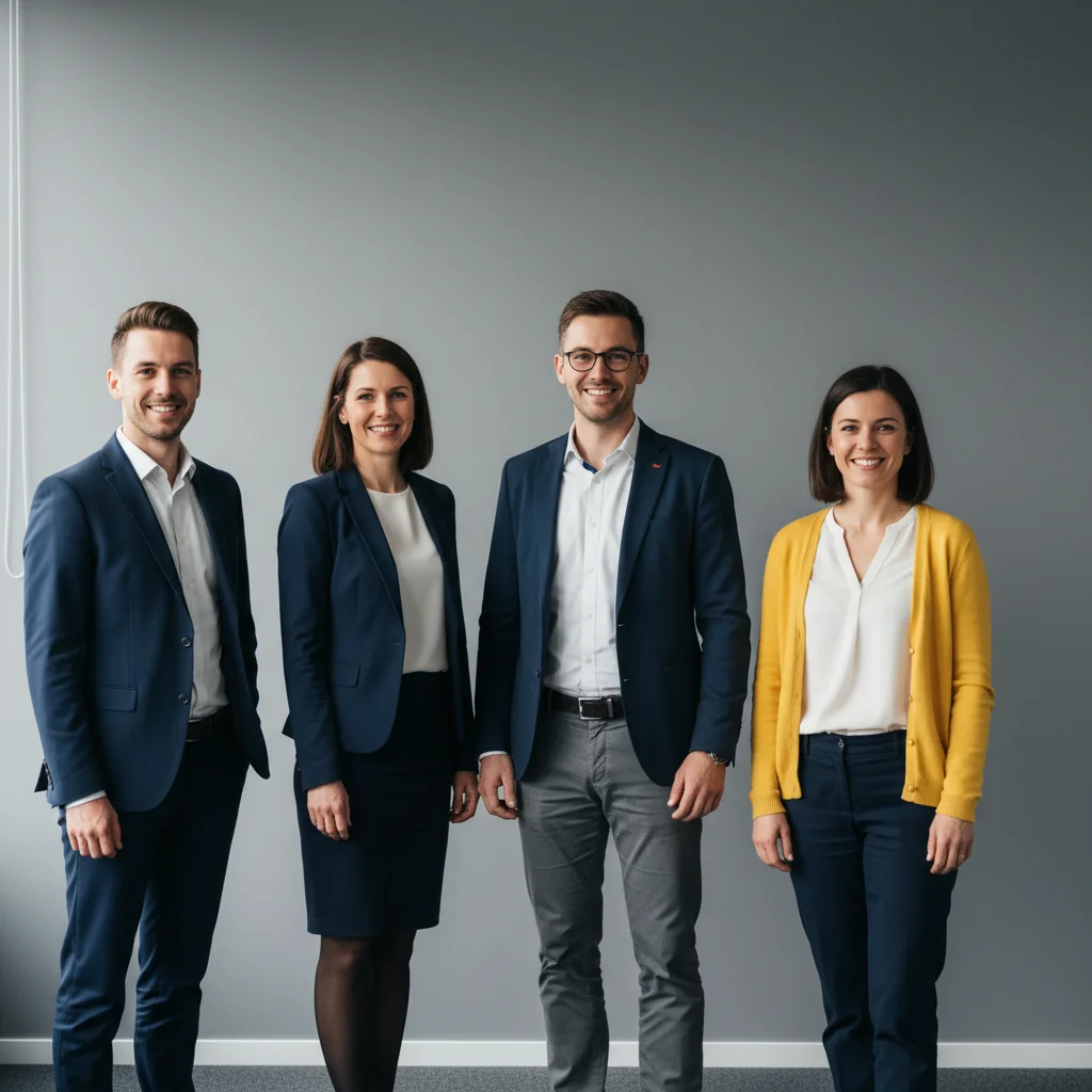 Four colleagues standing in office, person in yellow on the right edge