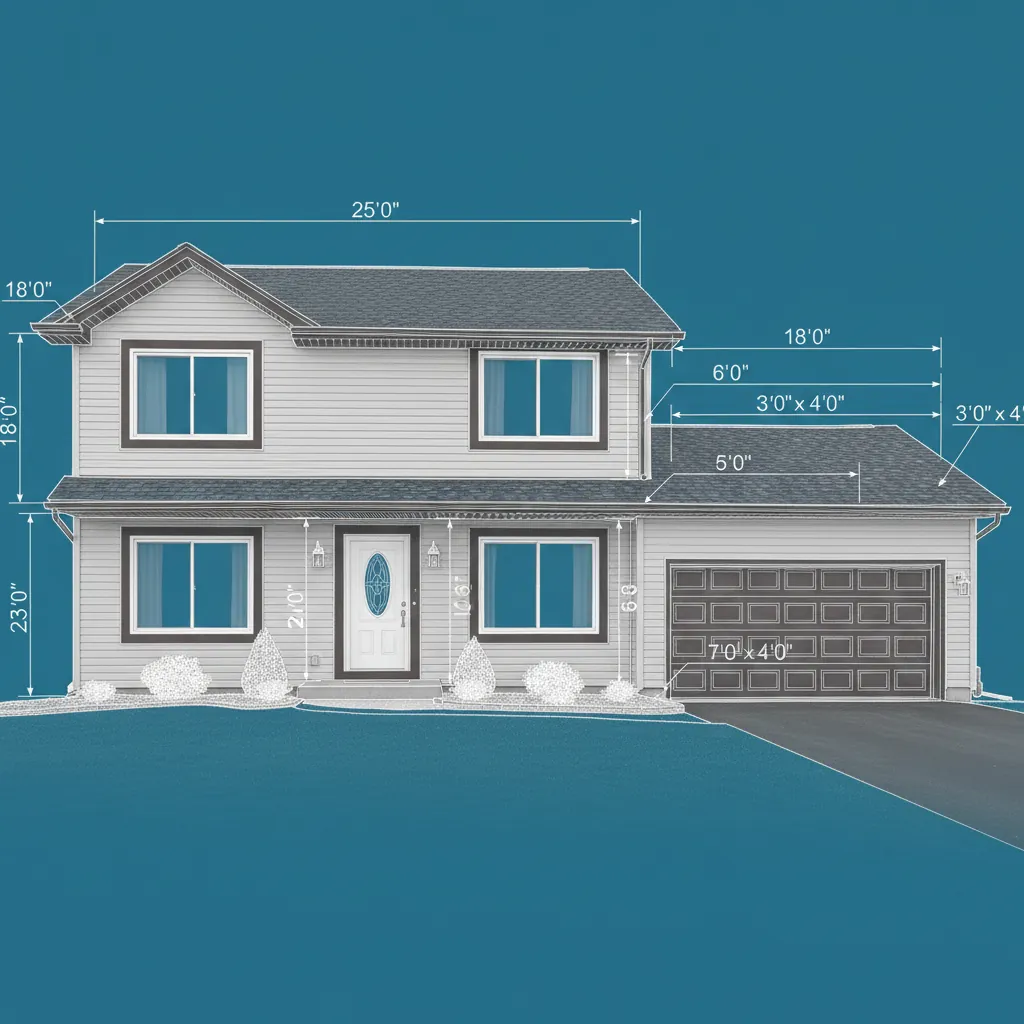Same house rendered as white-line architectural blueprint elevation on cyan with dimension callouts