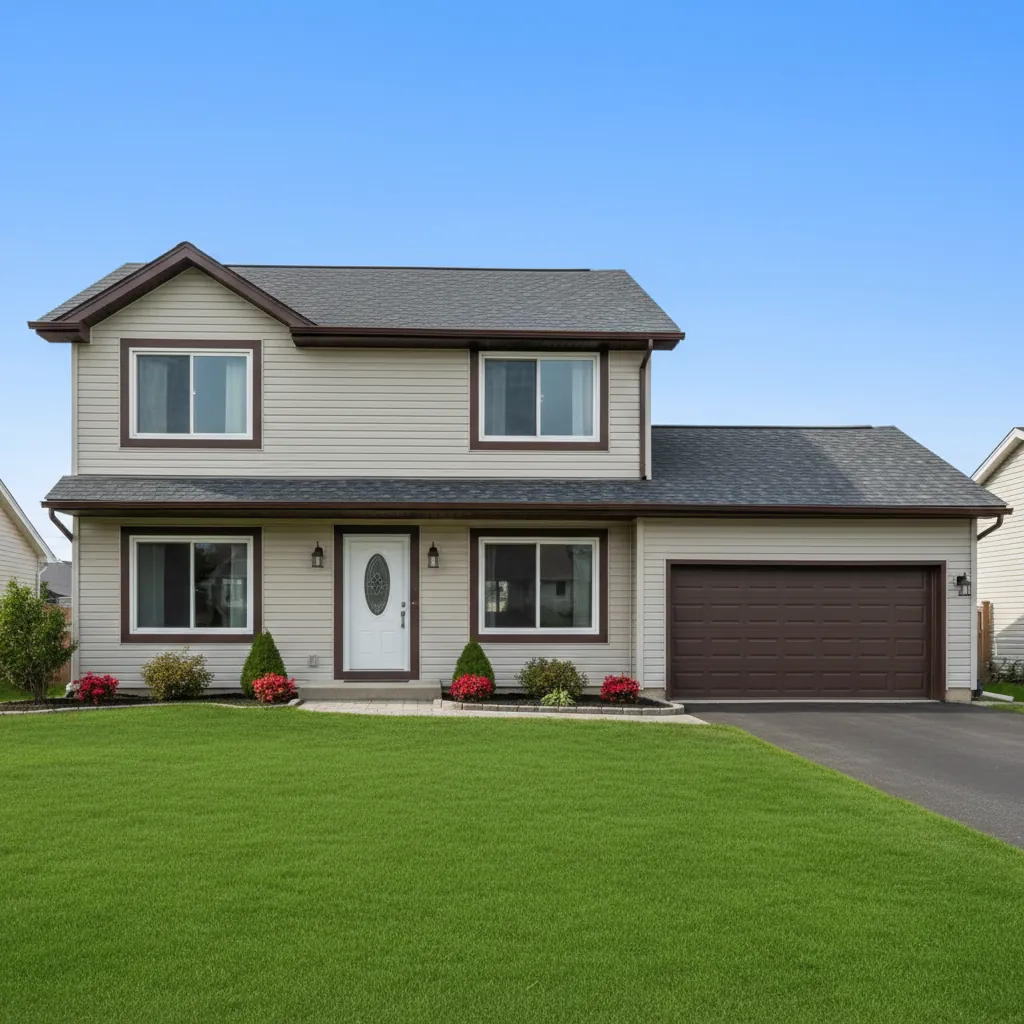 Suburban two-story house photographed straight-on from the front
