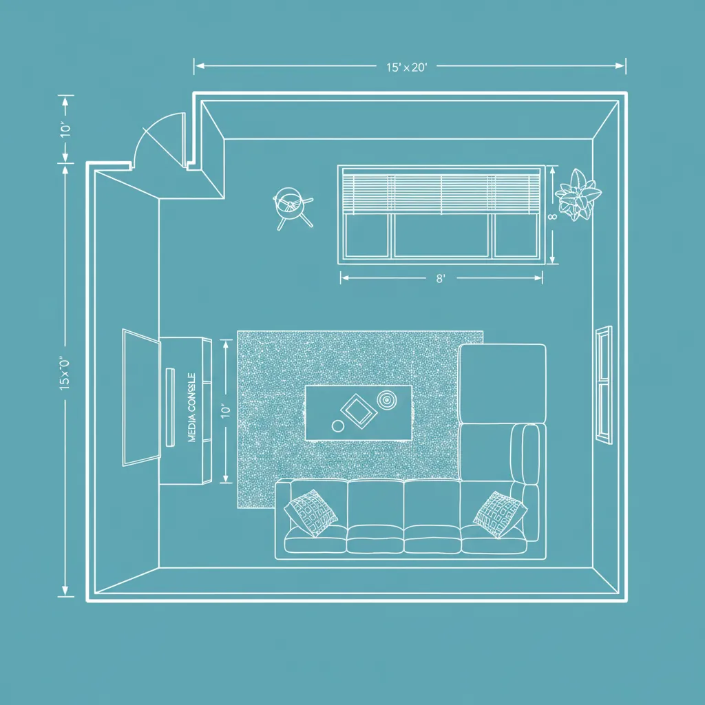 Same room rendered as top-down architectural floor plan, white lines on cyan, with labeled furniture