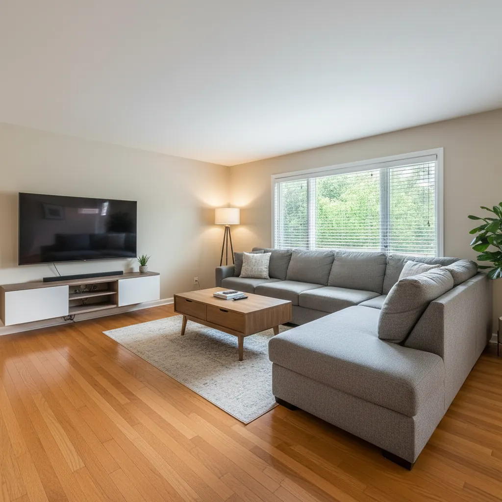 Wide-angle interior photo of a furnished living room