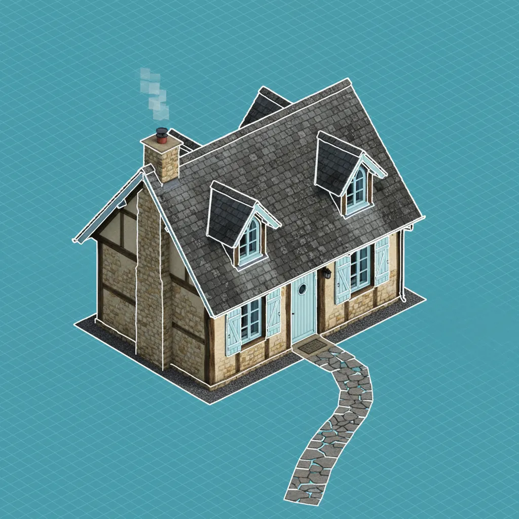 Same cottage rendered as an isometric Minecraft-style block schematic in white-on-cyan