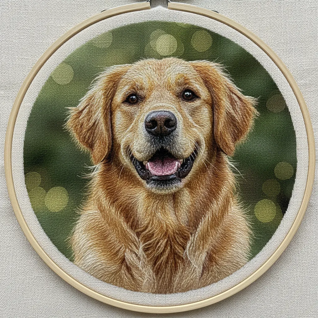 Same dog rendered as hoop-art embroidery on cream linen with visible thread texture