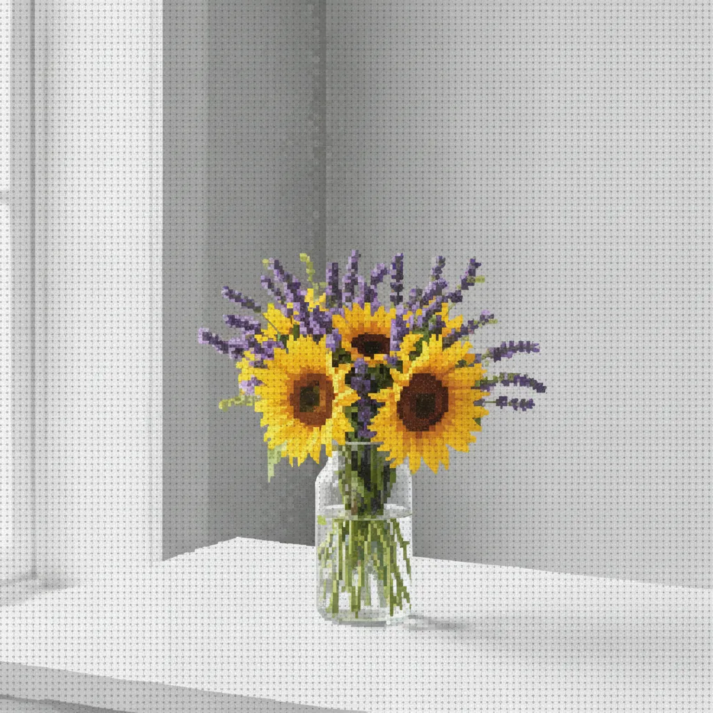 Same bouquet rendered in chunky cross-stitch pixels on white aida cloth