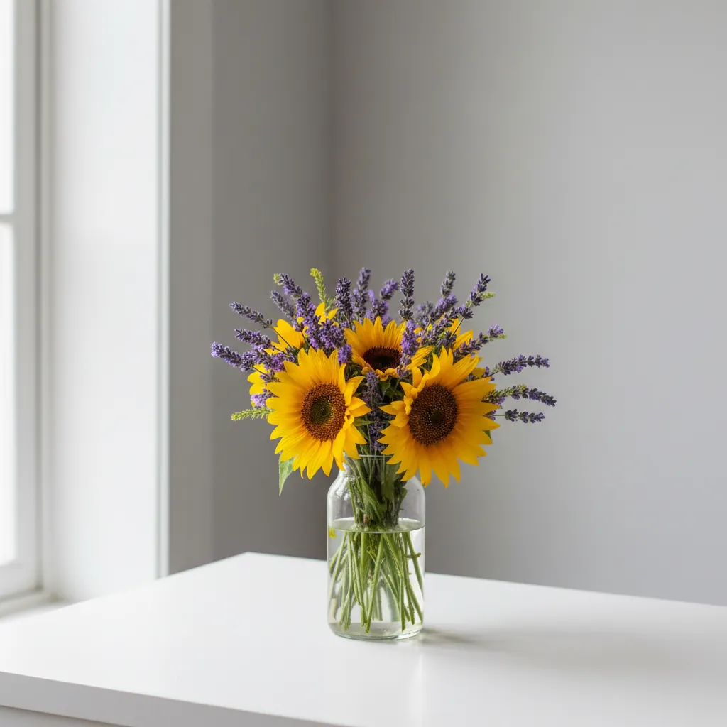 Wildflower bouquet in a clear glass vase on white tabletop