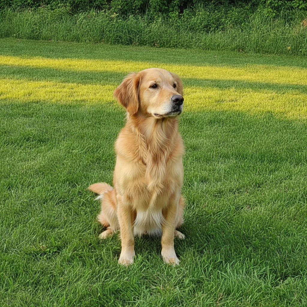 Phone photo of a golden retriever sitting on grass