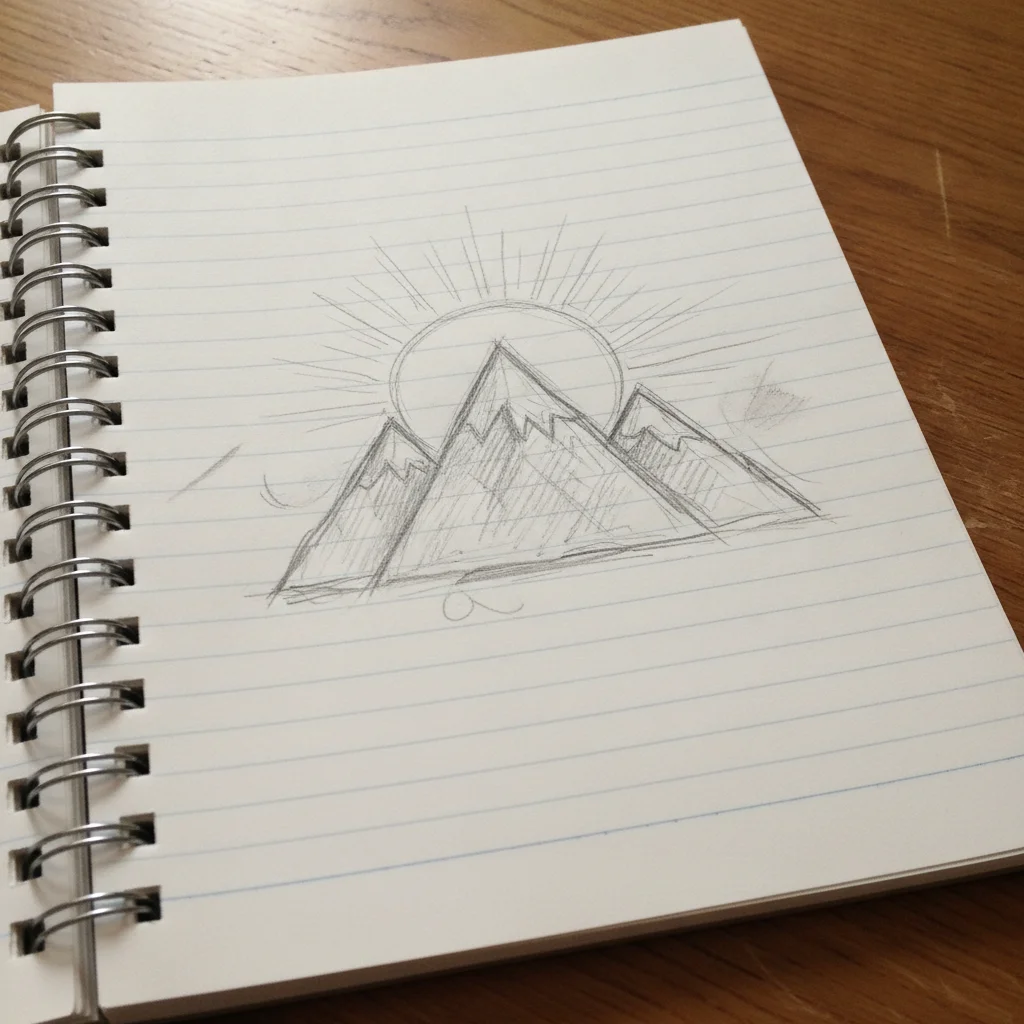 Angled phone photo of a rough pencil sketch of mountains and a sun in a notebook