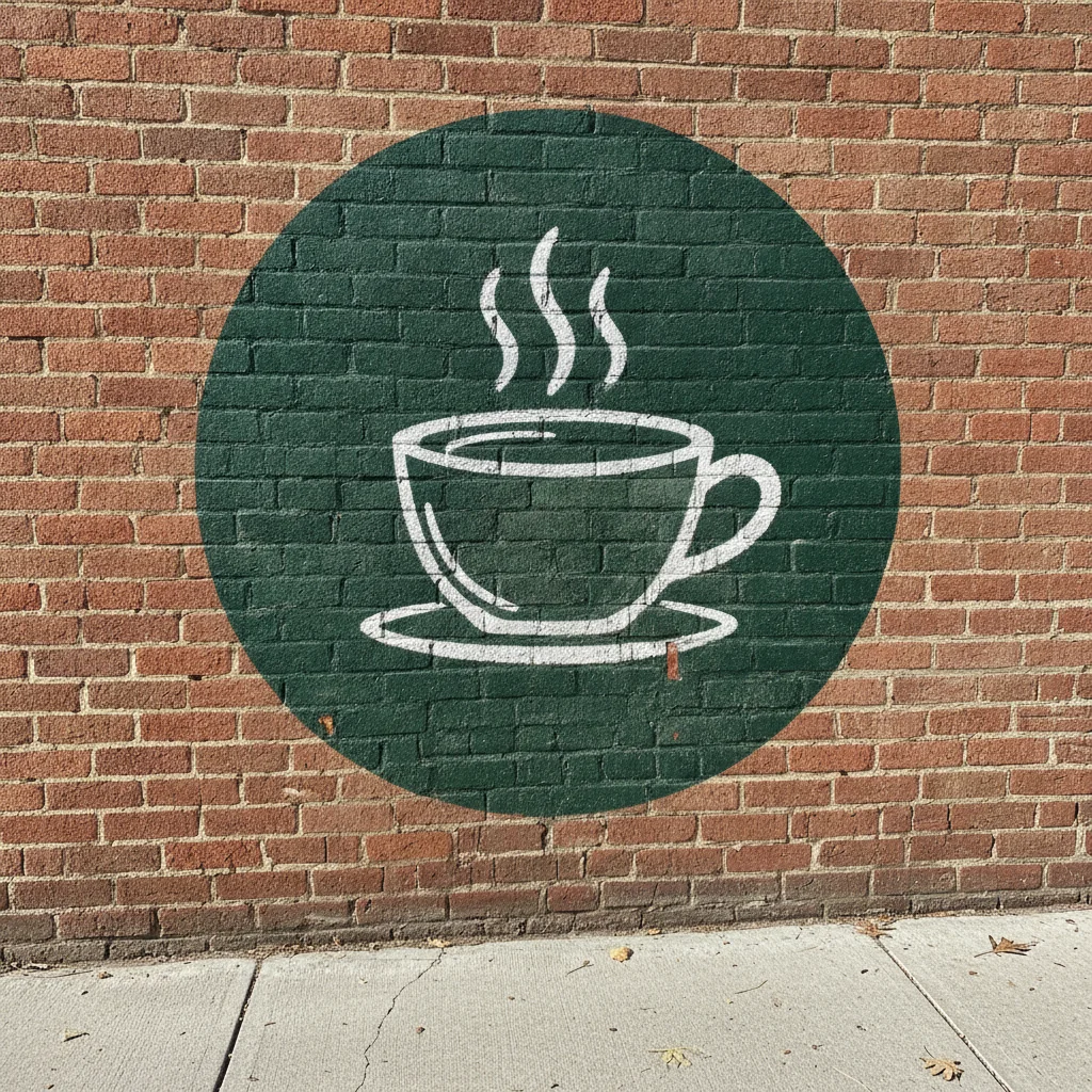 Angled street photo of a green-and-white coffee cup emblem painted on a brick wall