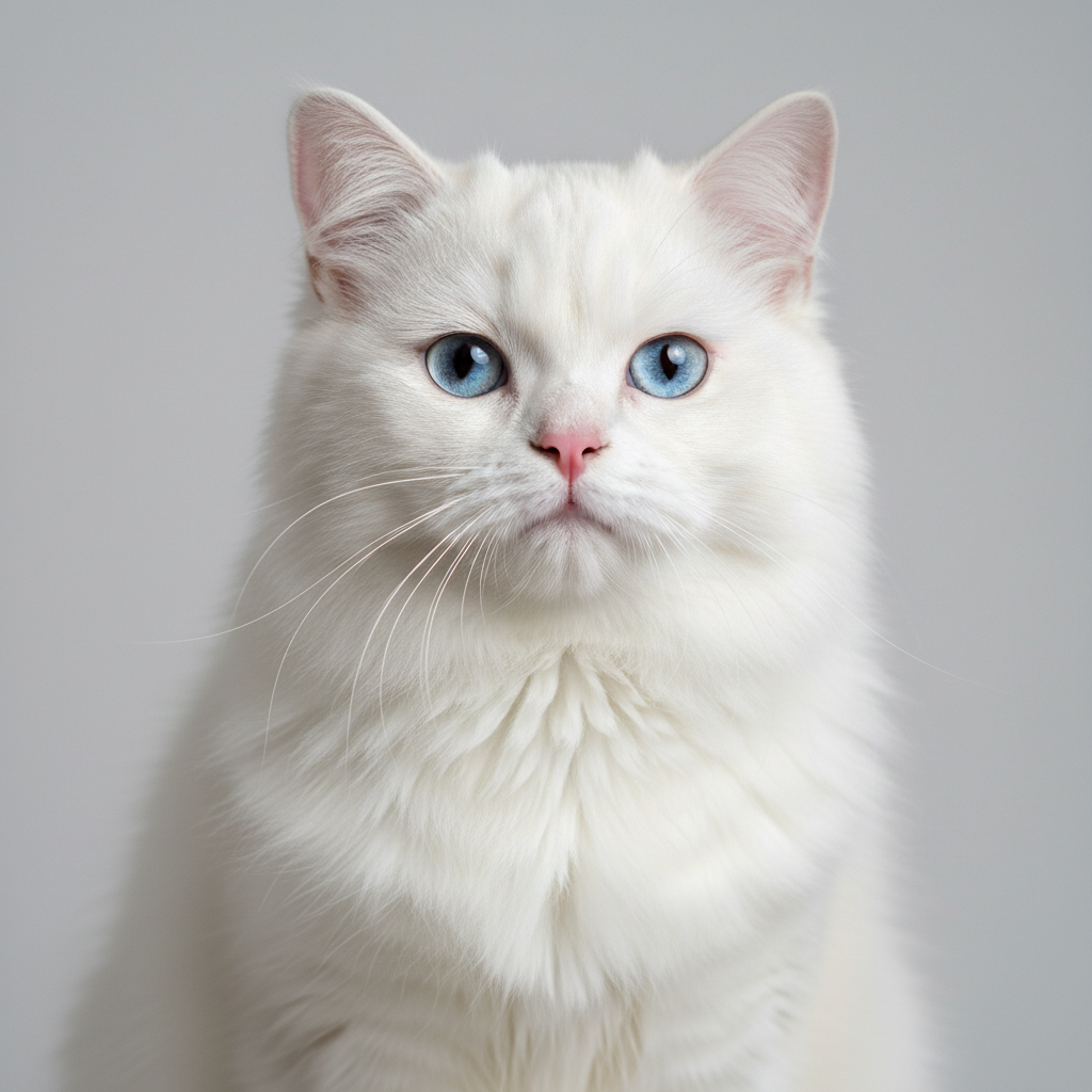 Fluffy white cat with blue eyes sitting
