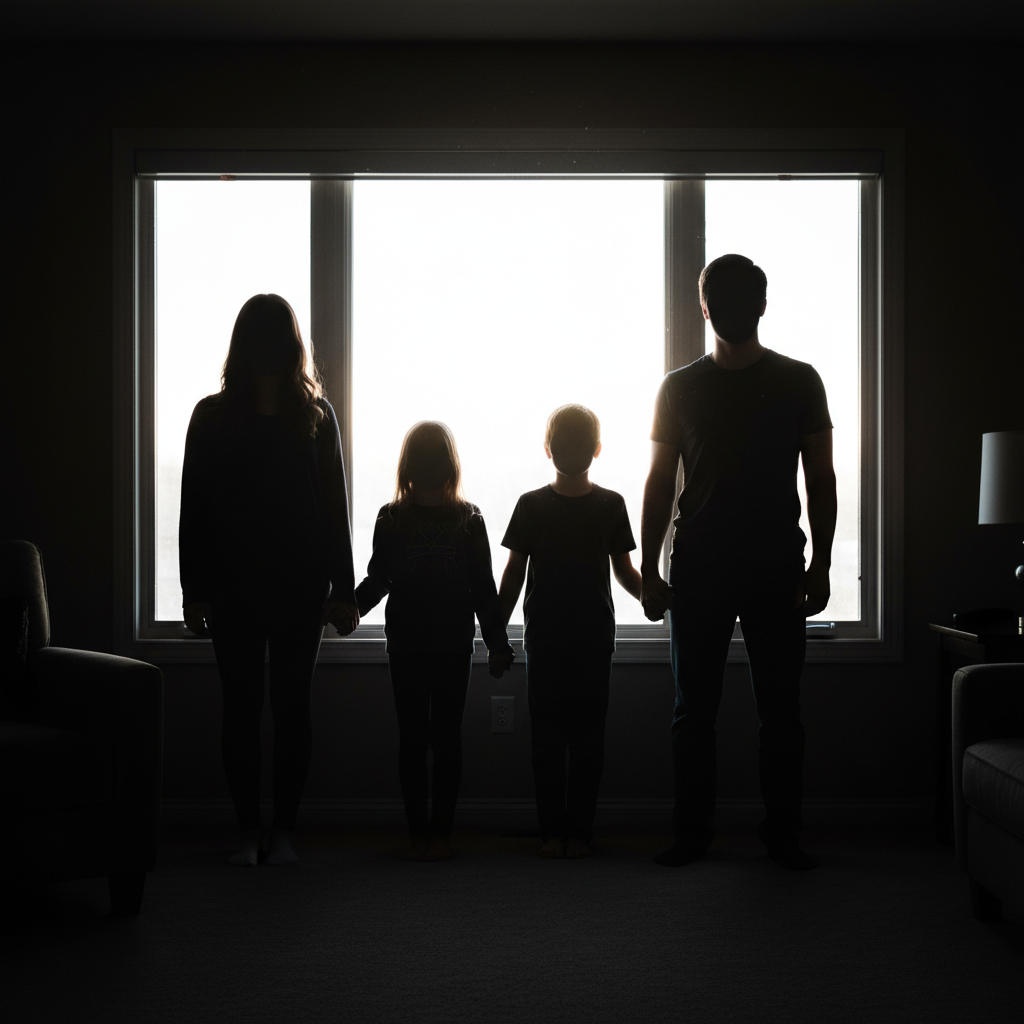 Silhouettes of family against bright window, faces too dark to see